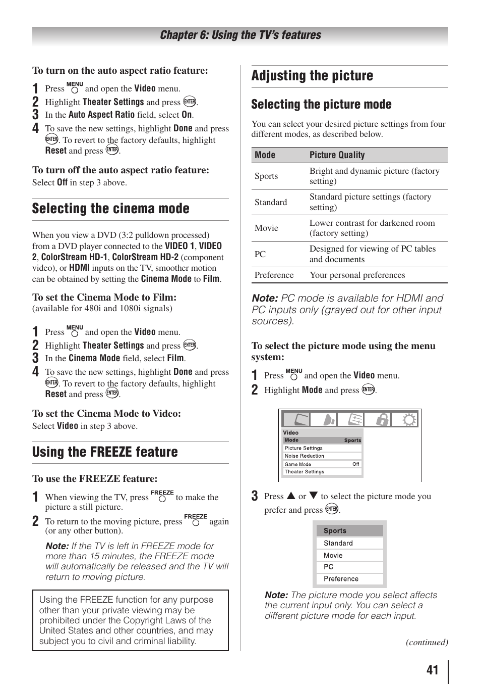 Selecting the cinema mode, Using the freeze feature, Adjusting the picture | Selecting the picture mode | Toshiba 26AV502RZ User Manual | Page 41 / 64