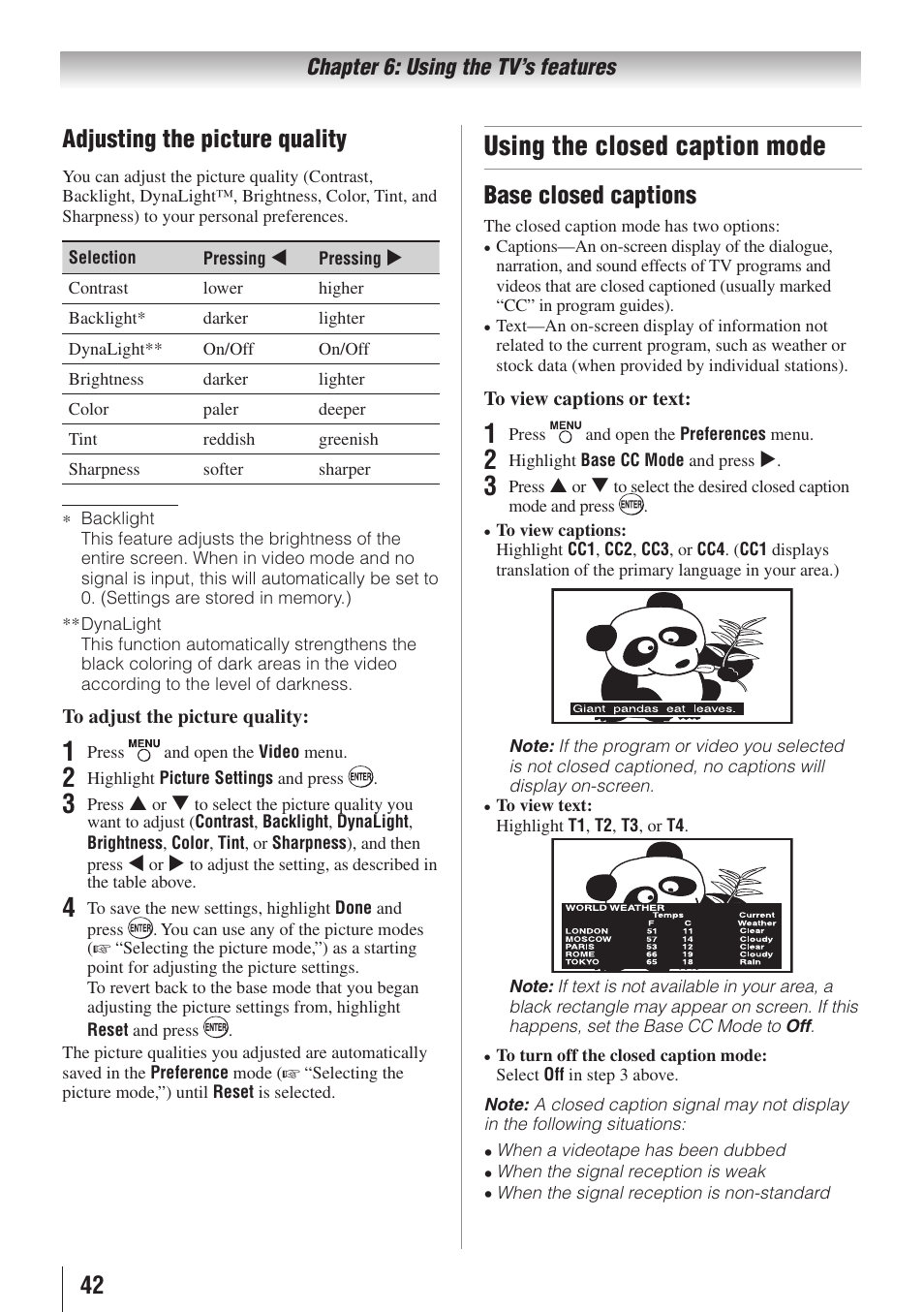 Using the closed caption mode, Adjusting the picture quality, Base closed captions | Toshiba 26AV502RZ User Manual | Page 42 / 64