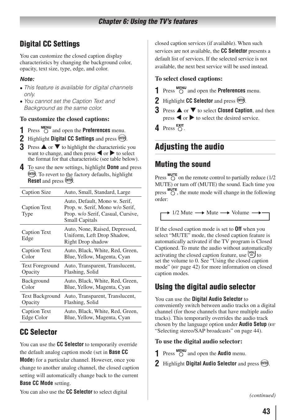 Adjusting the audio, Digital cc settings, Cc selector | Muting the sound, Using the digital audio selector | Toshiba 26AV502RZ User Manual | Page 43 / 64