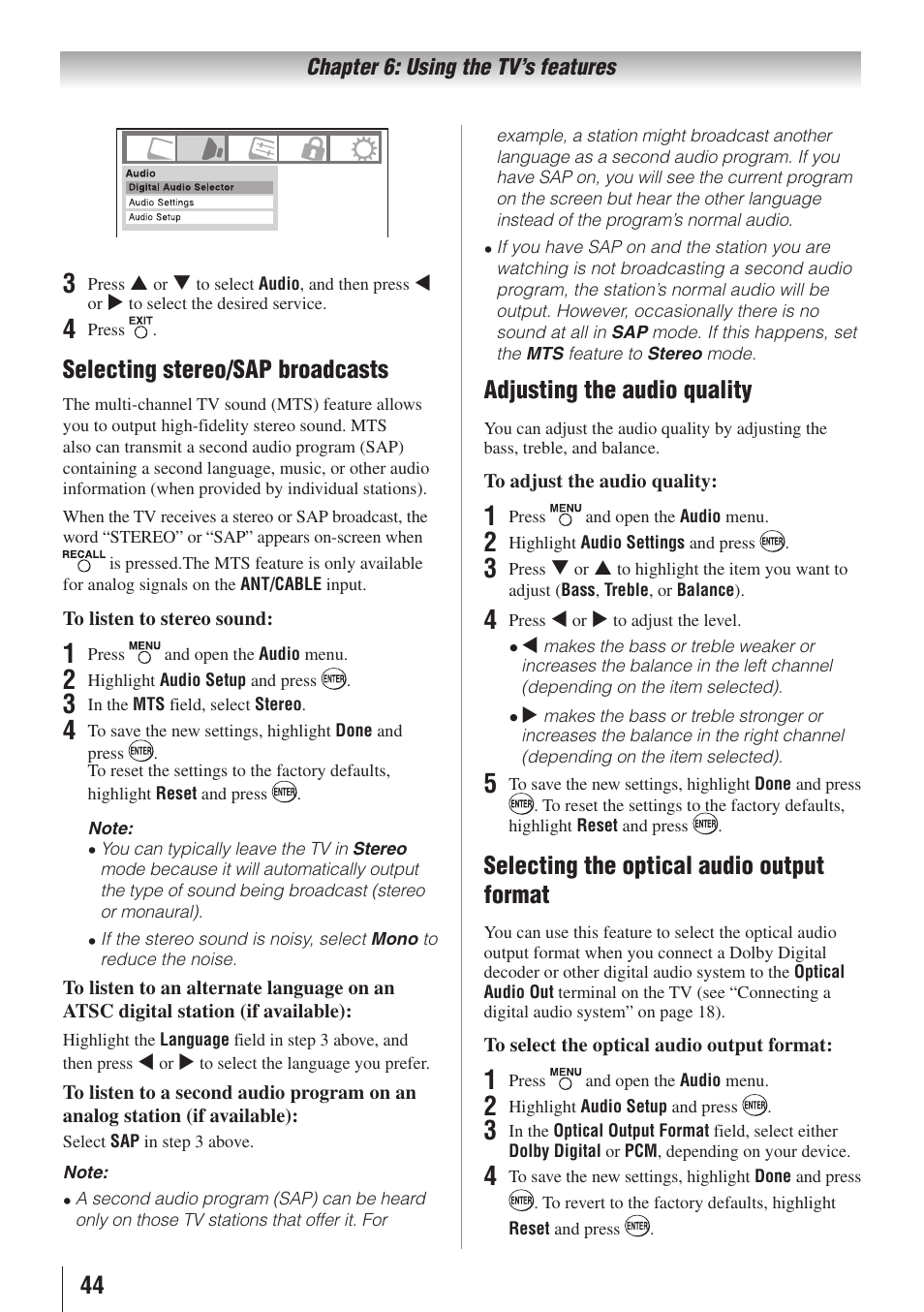 Selecting stereo/sap broadcasts, Adjusting the audio quality, Selecting the optical audio output format | Toshiba 26AV502RZ User Manual | Page 44 / 64