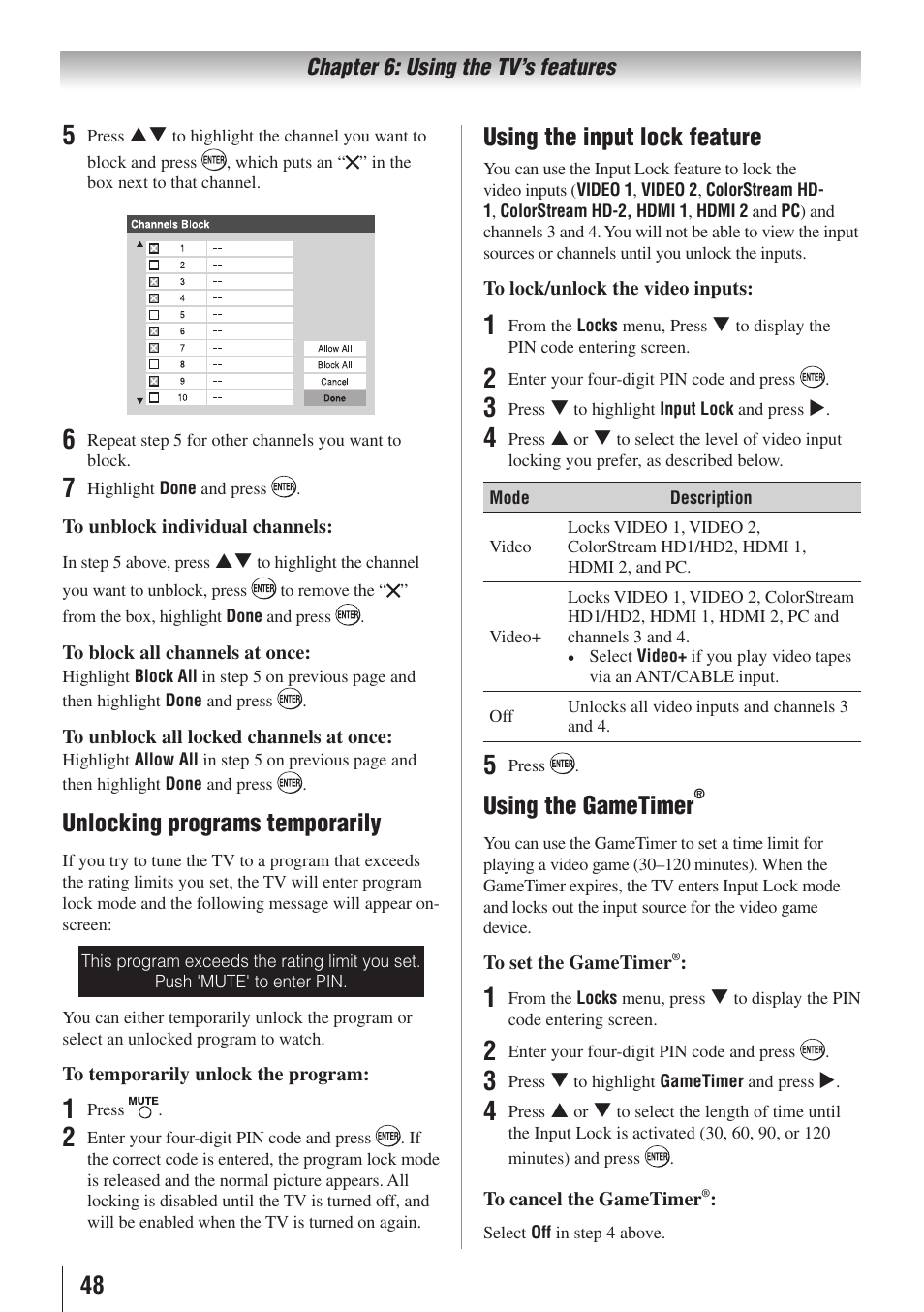 Unlocking programs temporarily, Using the input lock feature, Using the gametimer | Toshiba 26AV502RZ User Manual | Page 48 / 64