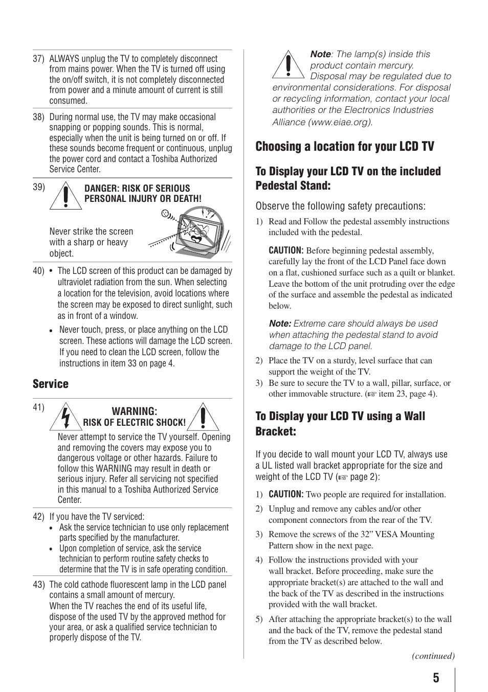 Choosing a location for your lcd tv, Service | Toshiba 26AV502RZ User Manual | Page 5 / 64