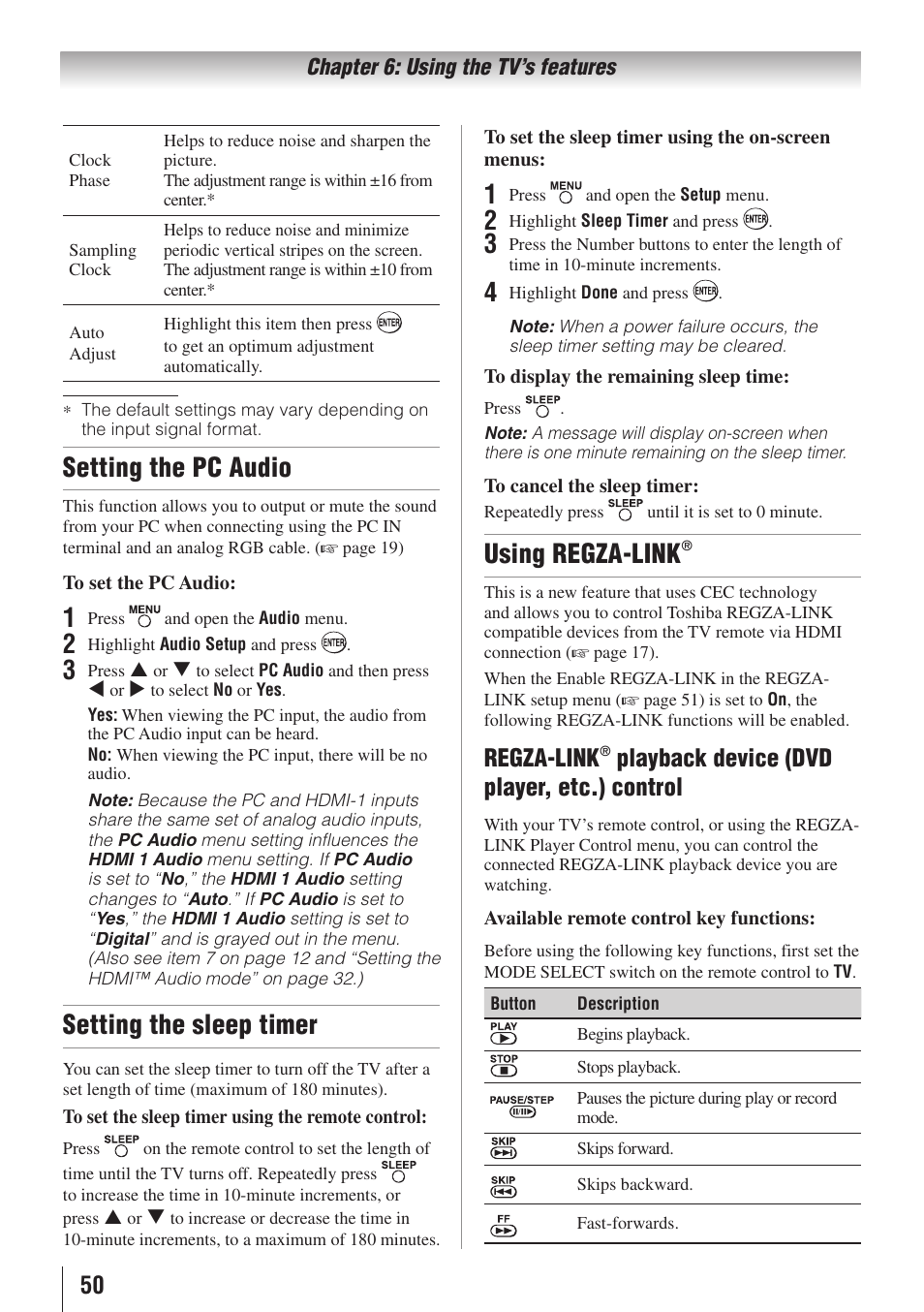 Setting the pc audio, Setting the sleep timer, Using regza-link | Regza-link, Playback device (dvd player, etc.) control | Toshiba 26AV502RZ User Manual | Page 50 / 64