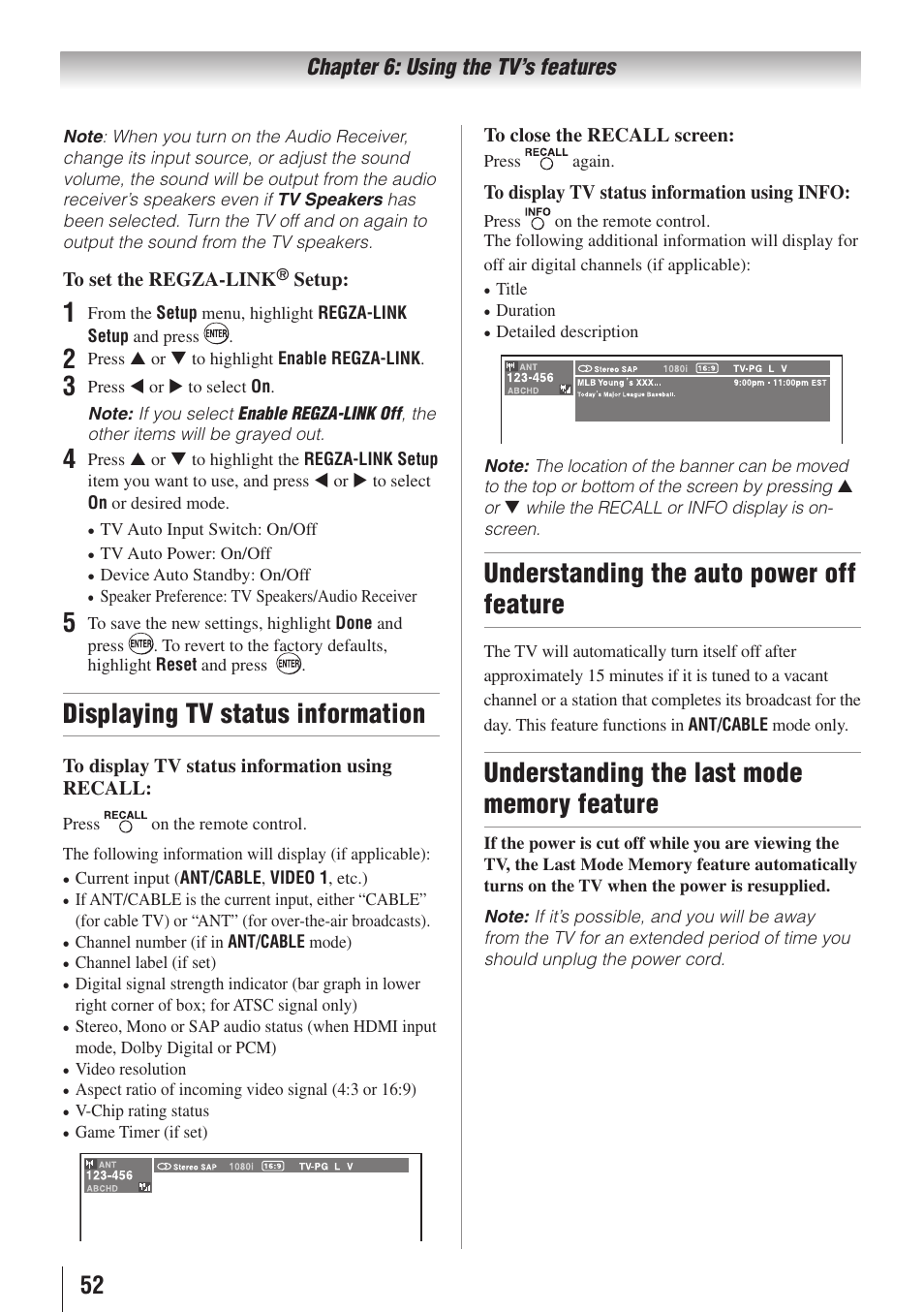 Displaying tv status information, Understanding the auto power off feature | Toshiba 26AV502RZ User Manual | Page 52 / 64