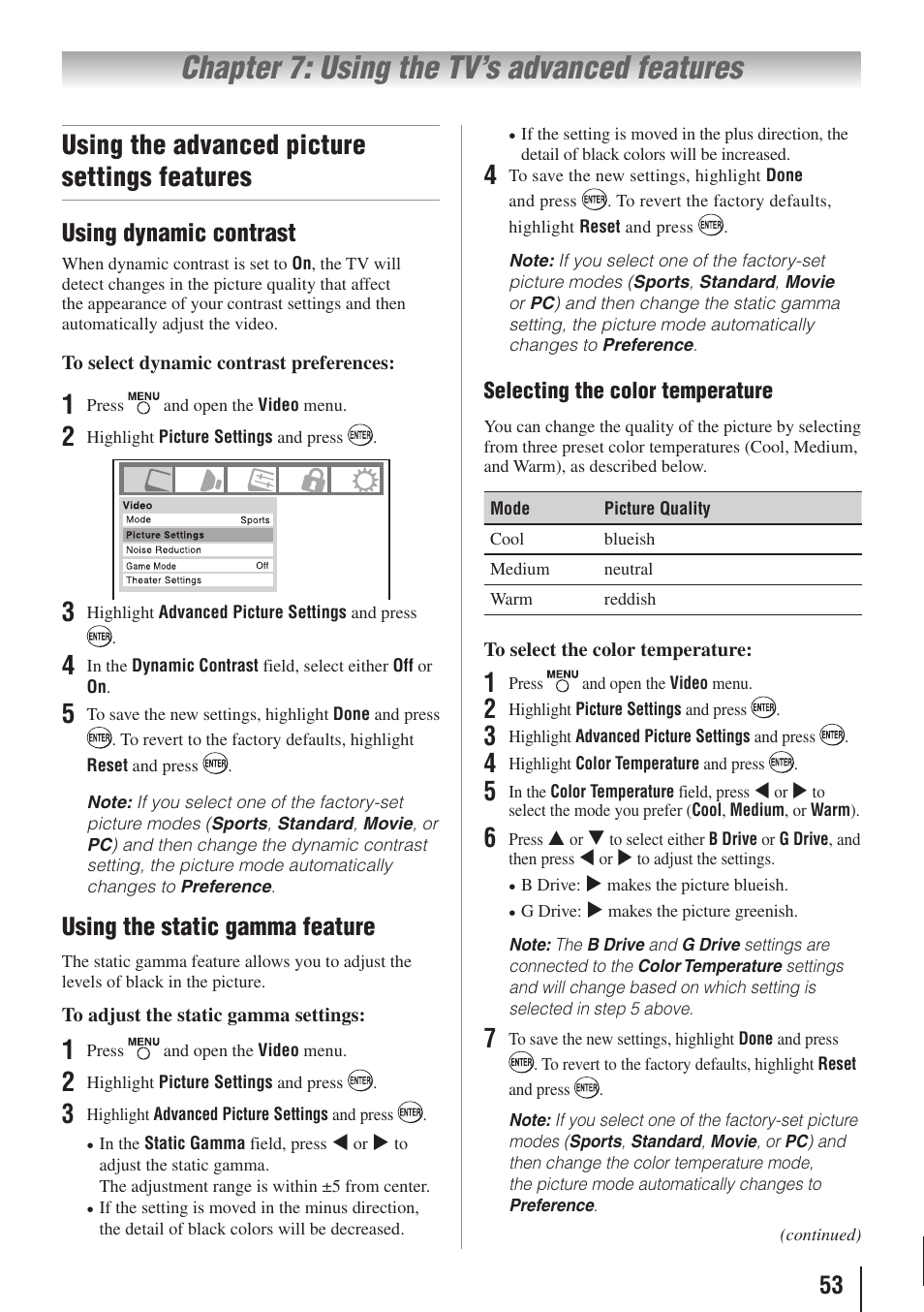 Chapter 7: using the tv’s advanced features, Using the advanced picture settings features, Using dynamic contrast | Using the static gamma feature | Toshiba 26AV502RZ User Manual | Page 53 / 64