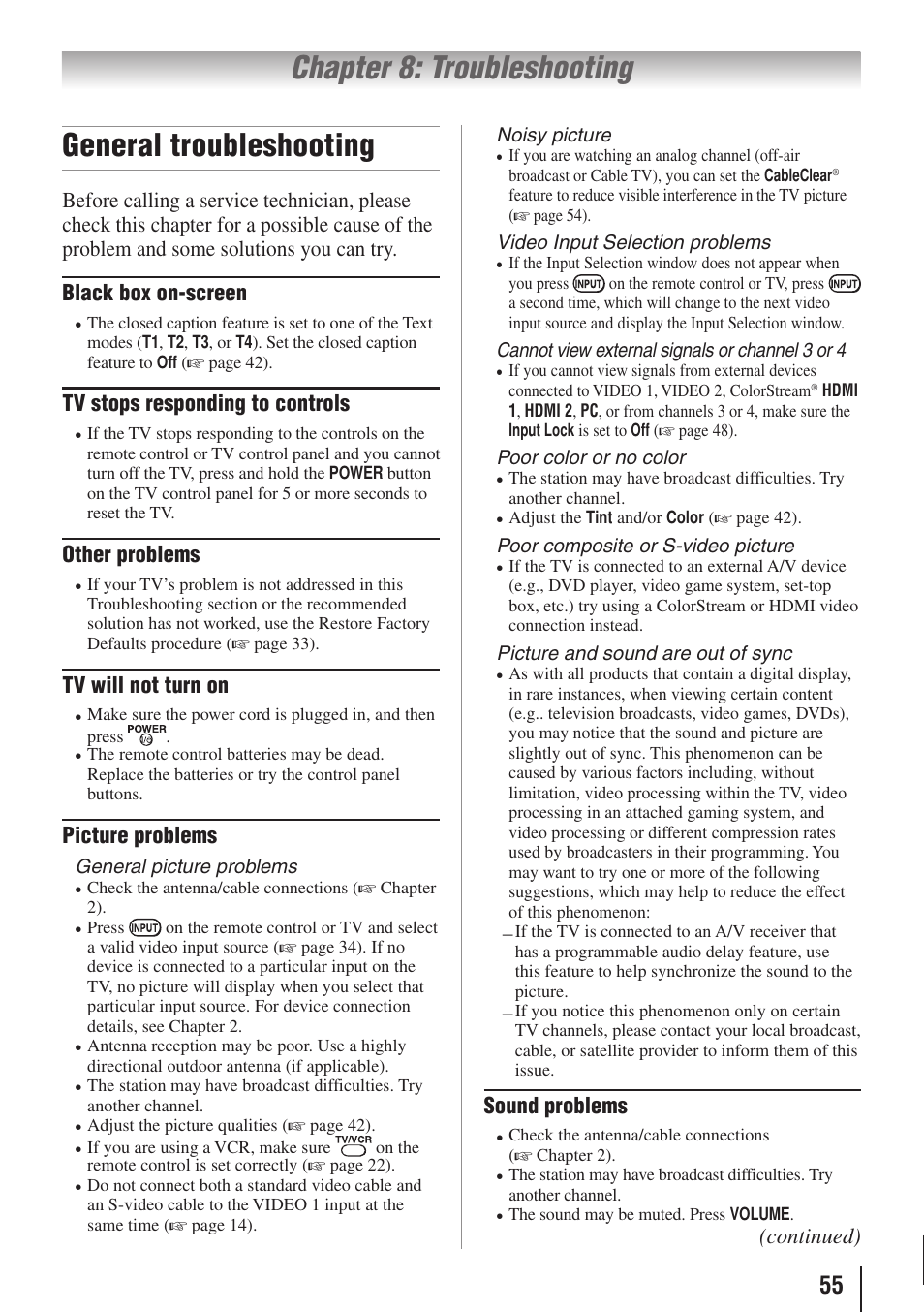 General troubleshooting, Chapter 8: troubleshooting | Toshiba 26AV502RZ User Manual | Page 55 / 64