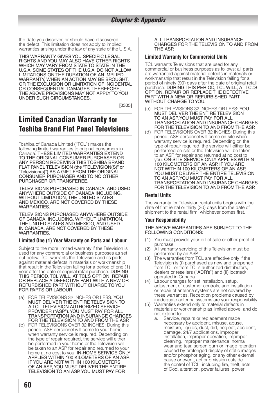 Limited canadian warranty, For toshiba brand flat panel televisions, Chapter 9: appendix | Toshiba 26AV502RZ User Manual | Page 60 / 64