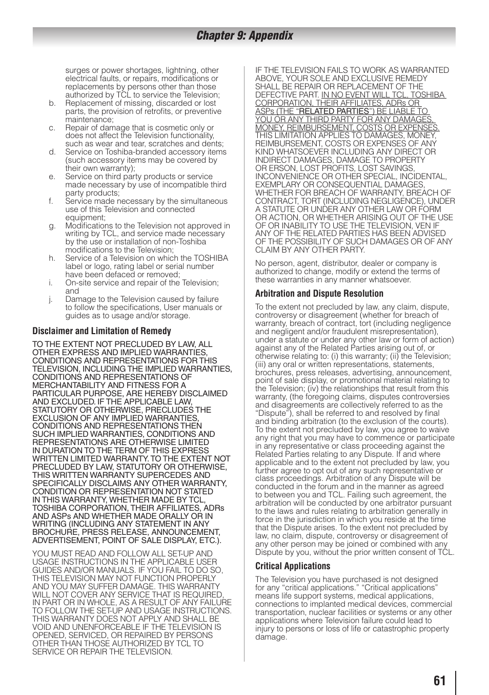 Chapter 9: appendix | Toshiba 26AV502RZ User Manual | Page 61 / 64