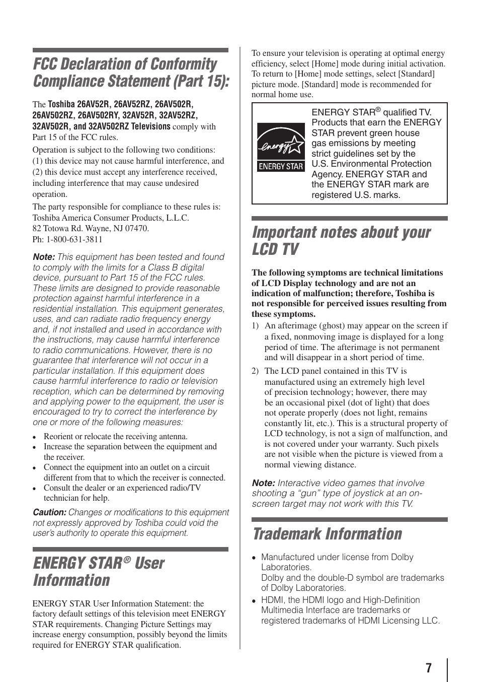 Energy star, User information, Trademark information | Toshiba 26AV502RZ User Manual | Page 7 / 64