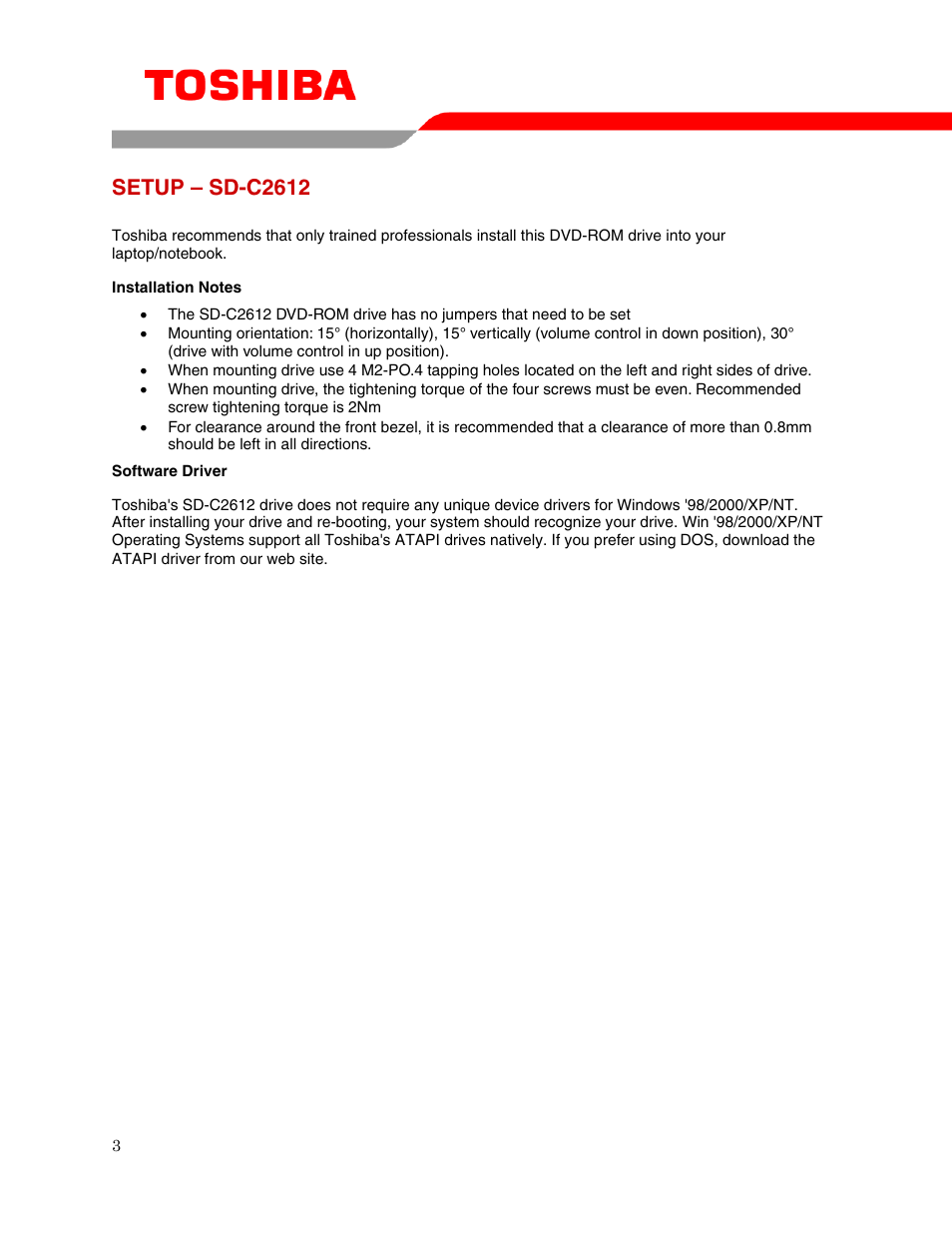 Setup – sd-c2612 | Toshiba SD-C2612 User Manual | Page 5 / 12