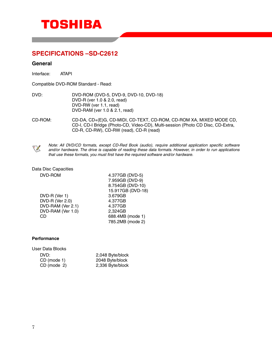 Specifications –sd-c2612 | Toshiba SD-C2612 User Manual | Page 9 / 12