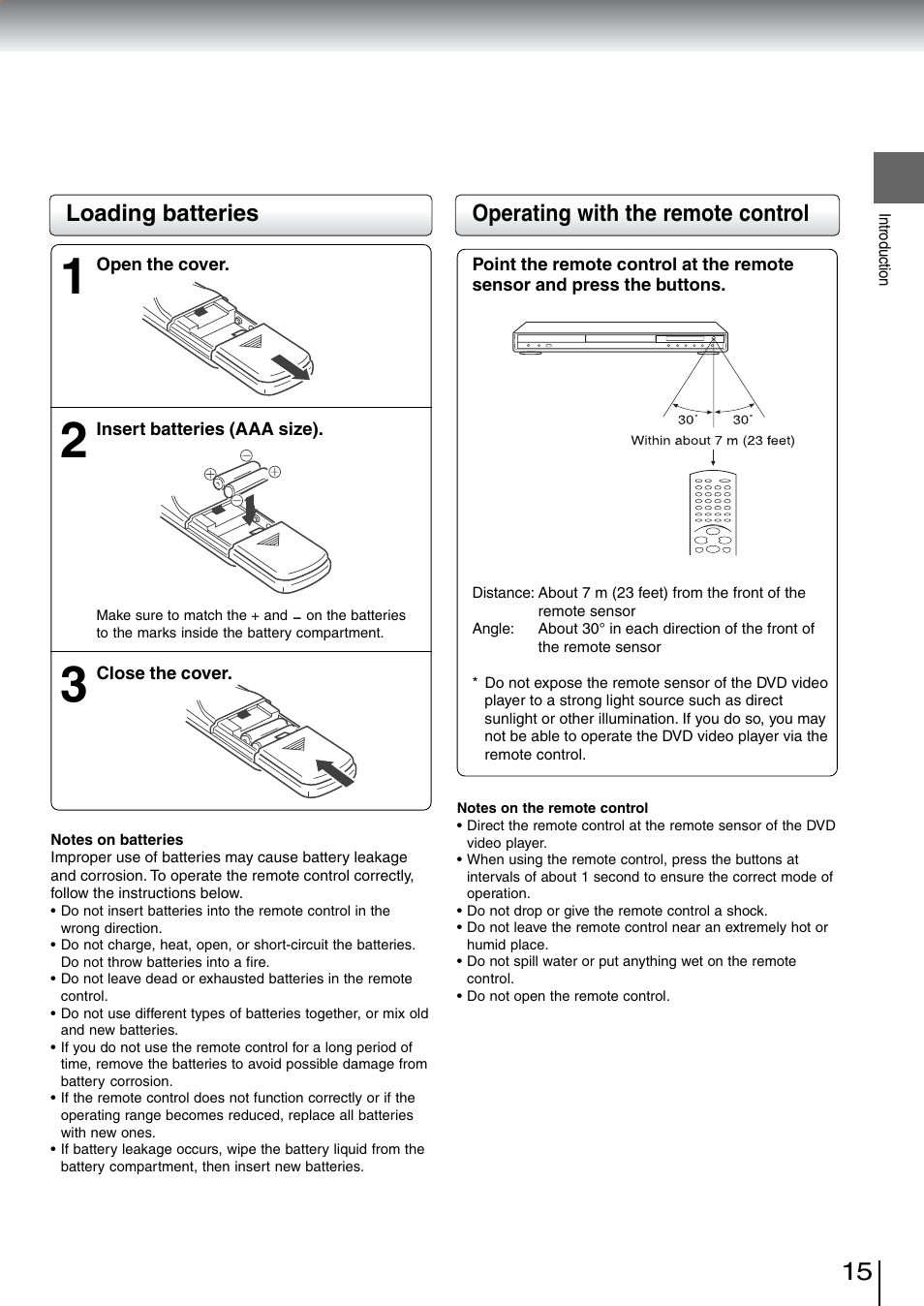 Operating with the remote control, Loading batteries | Toshiba SD-5970SU User Manual | Page 15 / 65