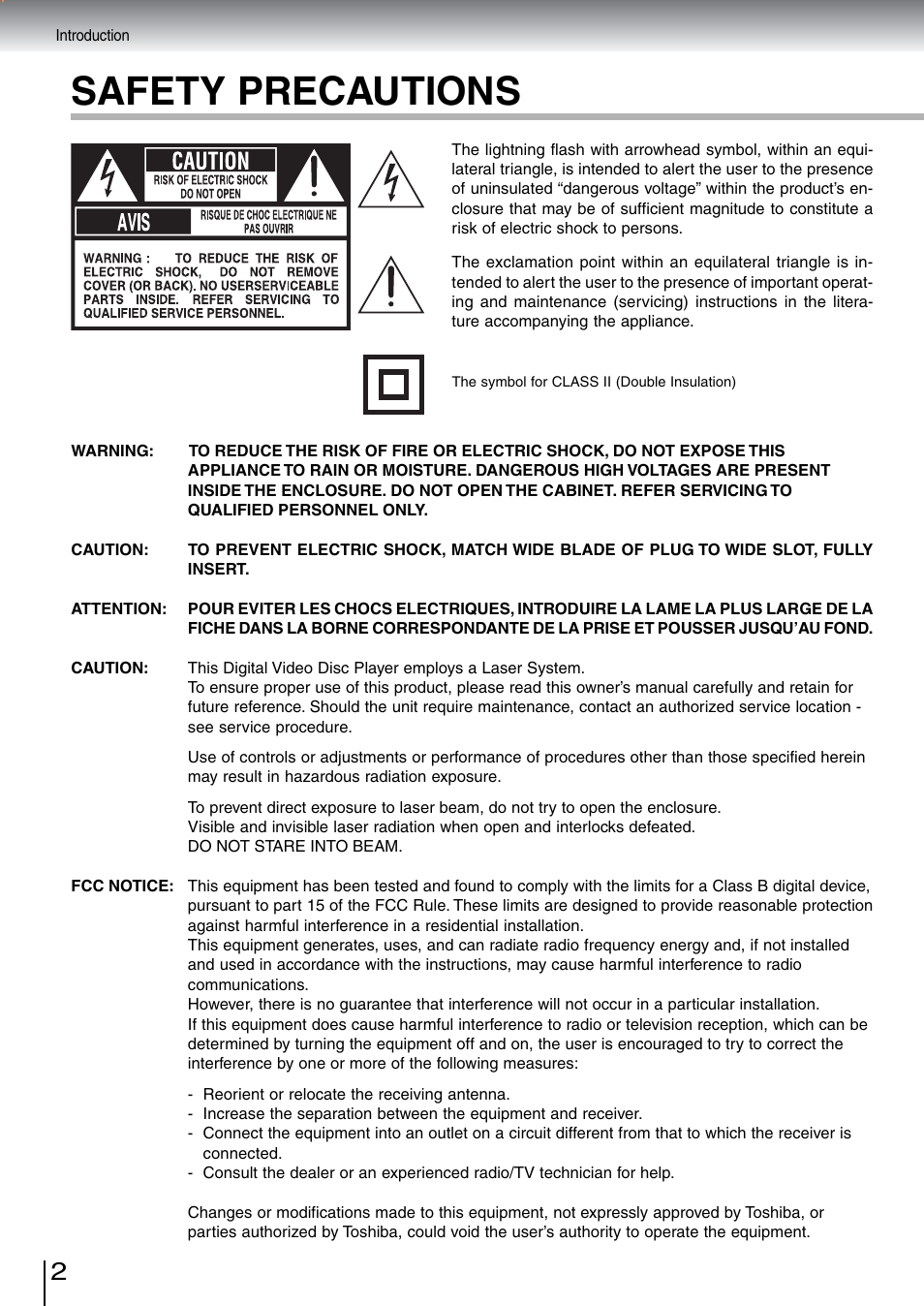 Safety precautions | Toshiba SD-5970SU User Manual | Page 2 / 65