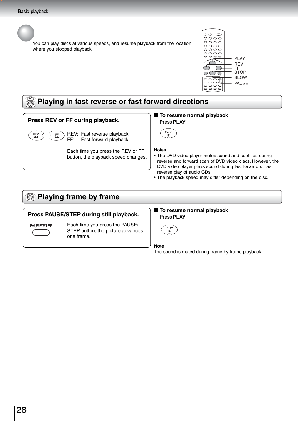 Variable speed playback, Playing frame by frame, Playing in fast reverse or fast forward directions | Toshiba SD-5970SU User Manual | Page 27 / 65