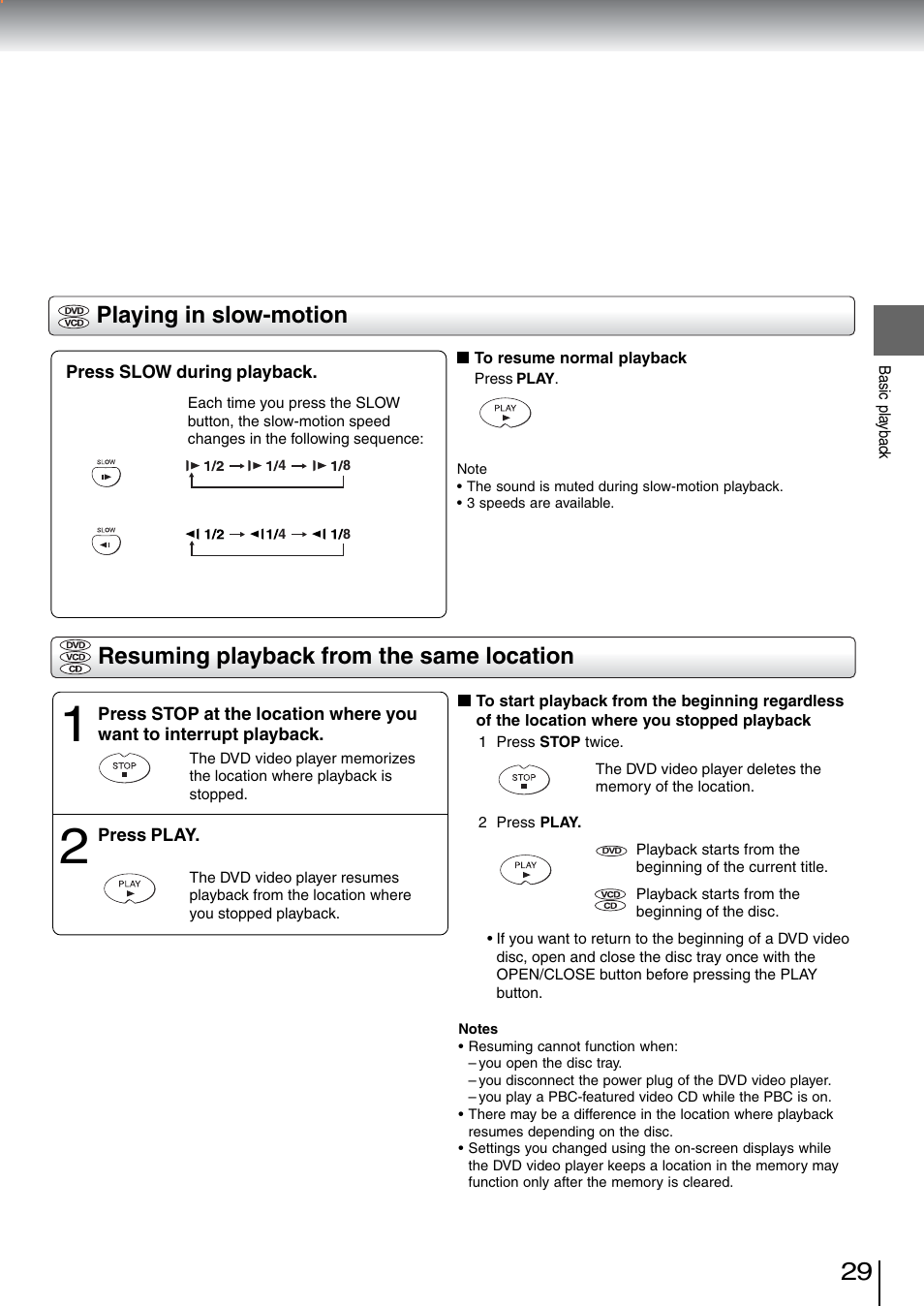 Playing in slow-motion, Resuming playback from the same location | Toshiba SD-5970SU User Manual | Page 28 / 65