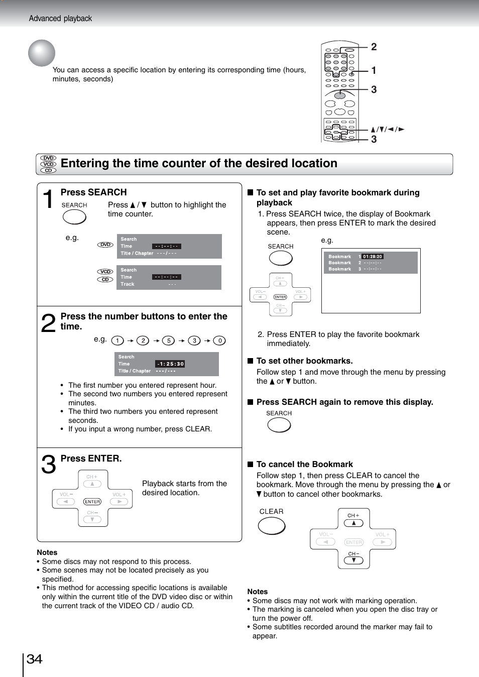 Accessing a specific location directly, Entering the time counter of the desired location | Toshiba SD-5970SU User Manual | Page 33 / 65