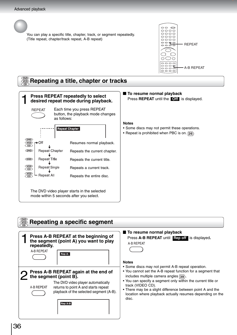 Playing repeatedly, Repeating a specific segment, Repeating a title, chapter or tracks | Toshiba SD-5970SU User Manual | Page 35 / 65