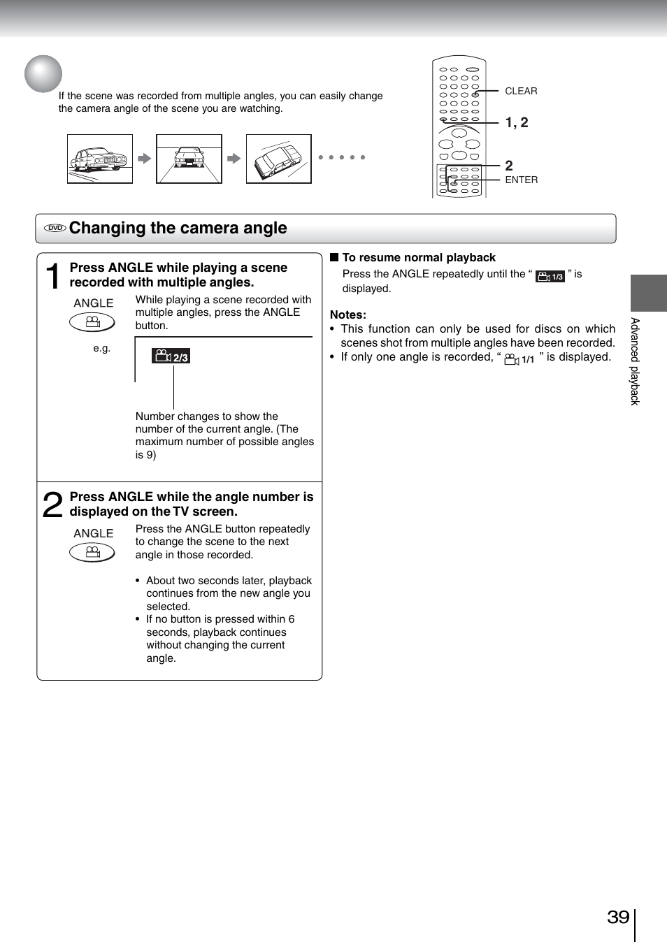 Selecting the camera angle, Changing the camera angle | Toshiba SD-5970SU User Manual | Page 38 / 65