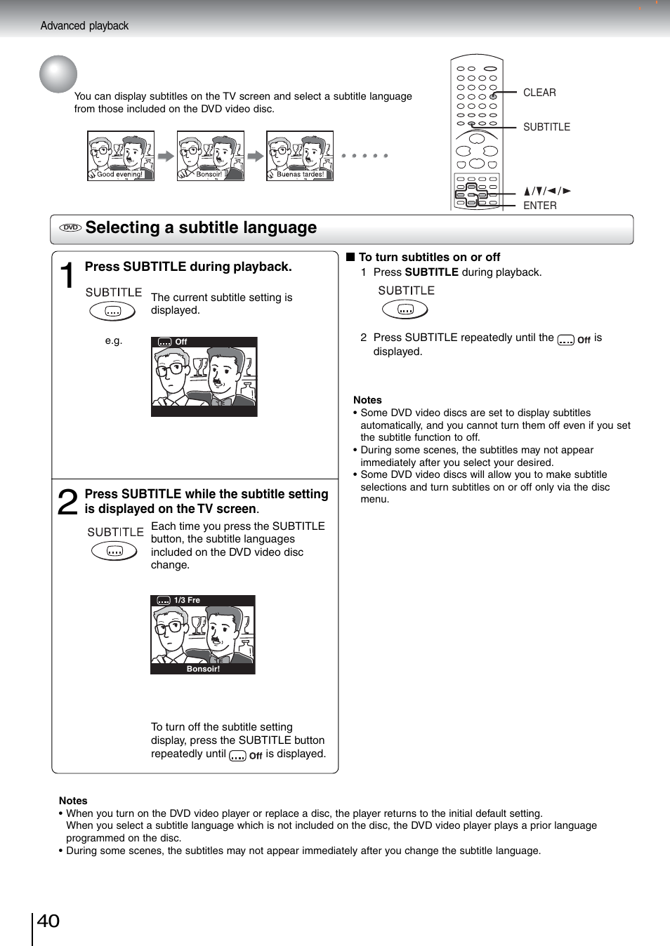 Selecting subtitles, Selecting a subtitle language | Toshiba SD-5970SU User Manual | Page 39 / 65