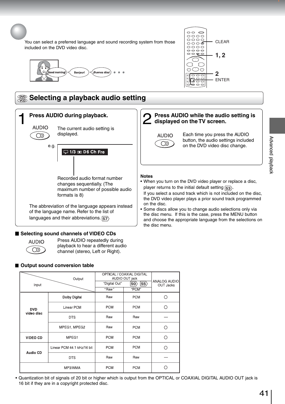 Selecting a language, Selecting a playback audio setting | Toshiba SD-5970SU User Manual | Page 40 / 65