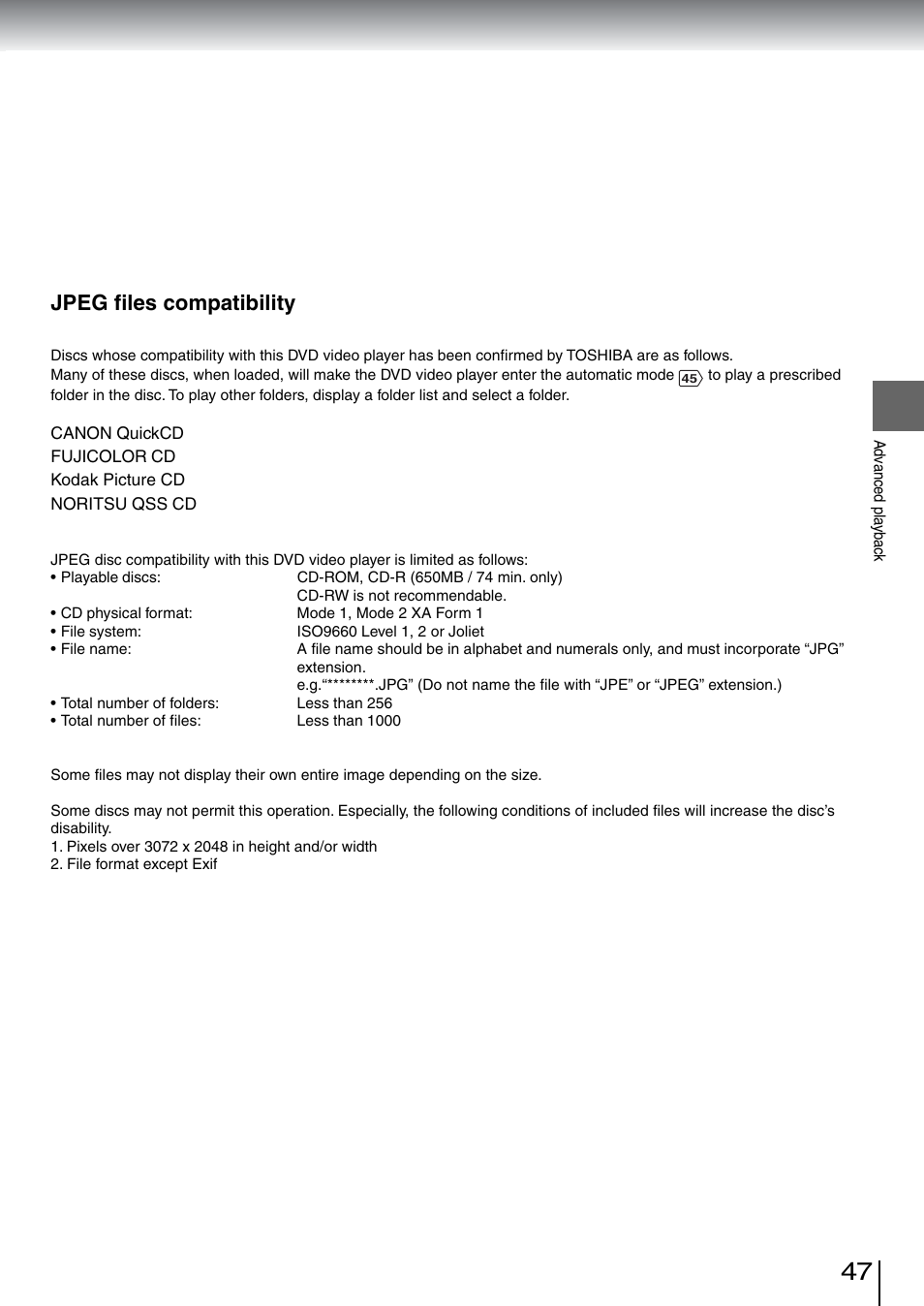 Jpeg files compatibility | Toshiba SD-5970SU User Manual | Page 46 / 65