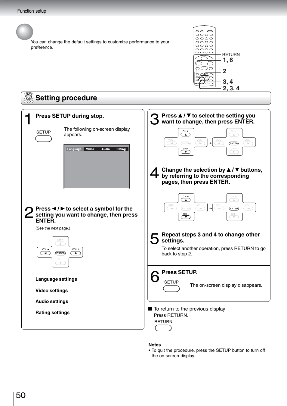 Customizing the function settings | Toshiba SD-5970SU User Manual | Page 48 / 65