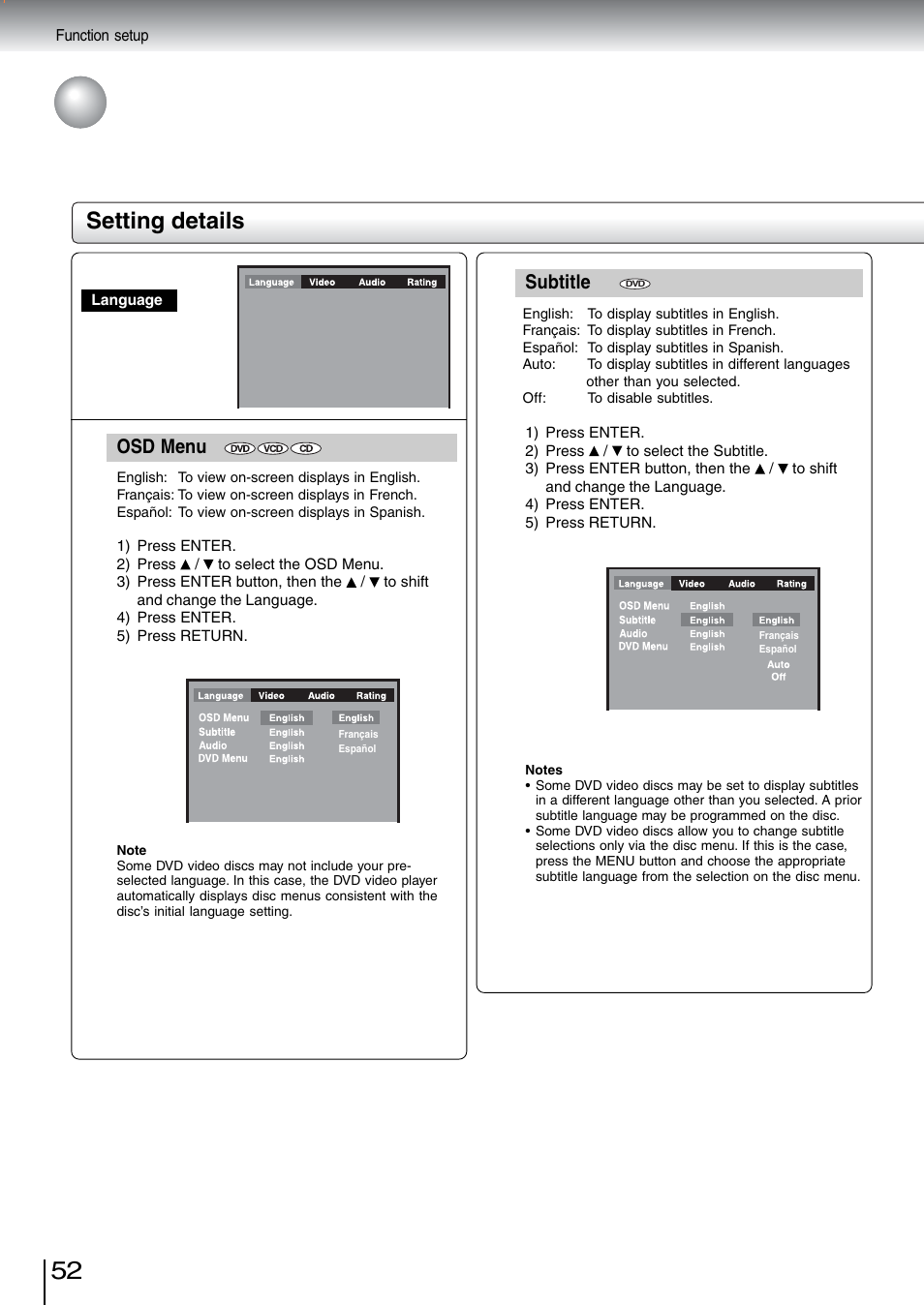 Customizing the function settings (continued), Setting details, Osd menu | Subtitle | Toshiba SD-5970SU User Manual | Page 50 / 65