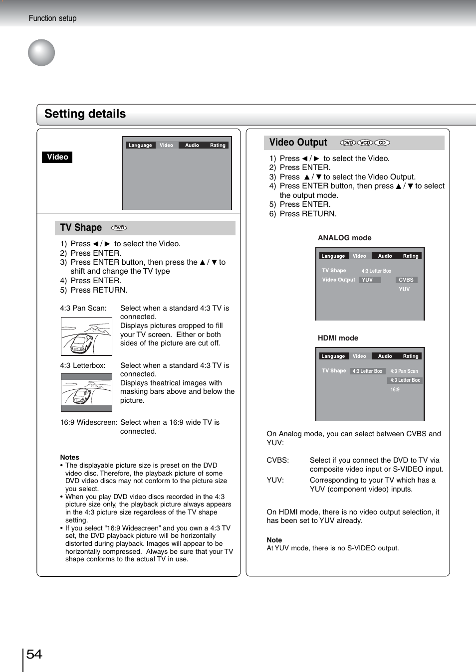 Customizing the function settings (continued), Setting details, Tv shape | Video output | Toshiba SD-5970SU User Manual | Page 52 / 65