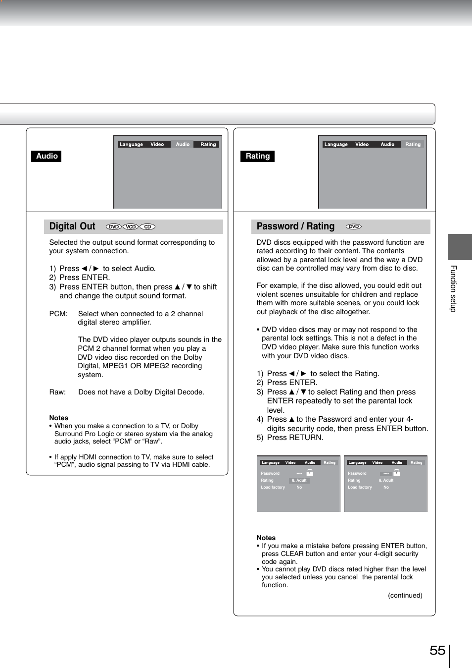 Digital out, Password / rating | Toshiba SD-5970SU User Manual | Page 53 / 65