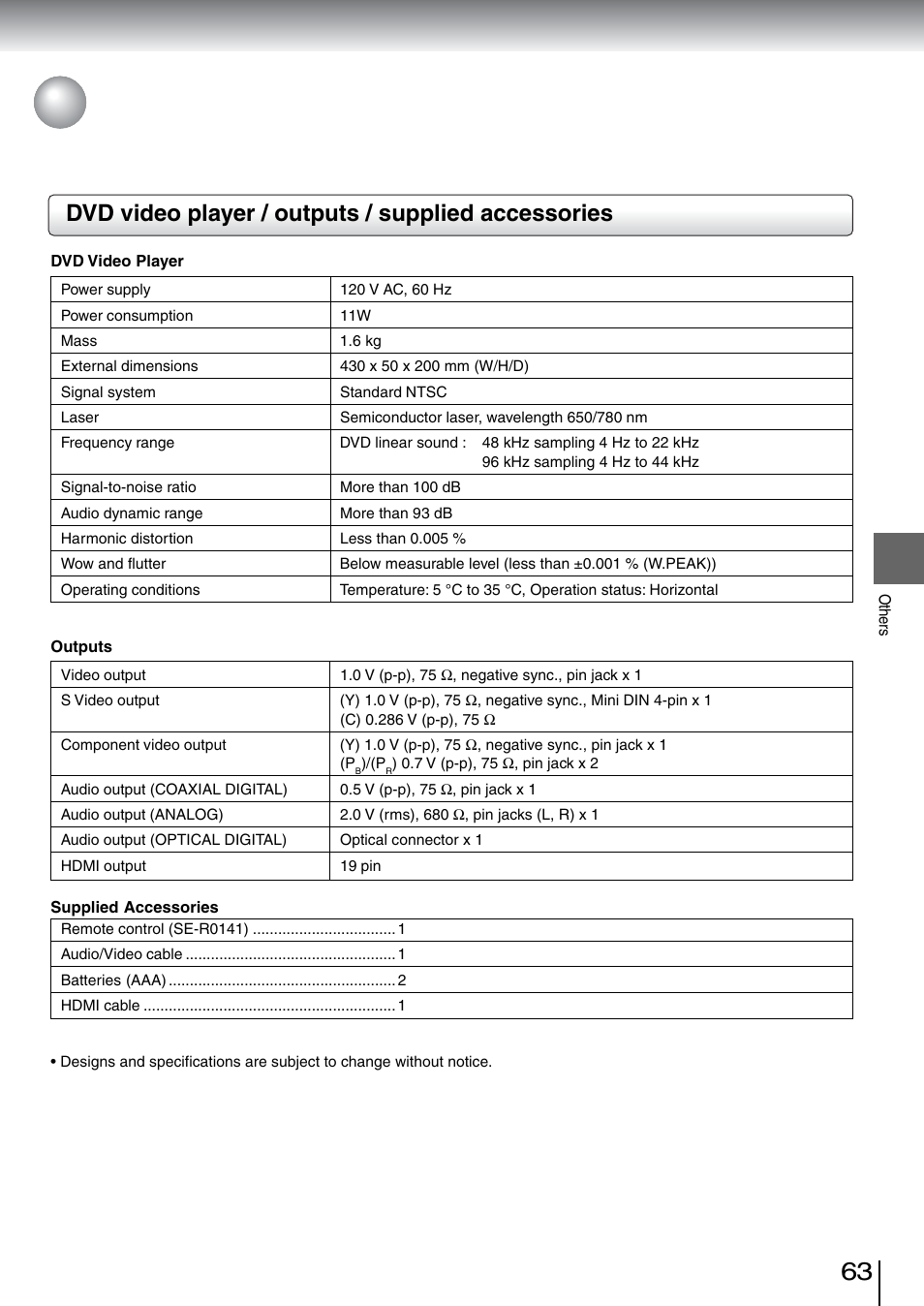 Specifications, Dvd video player / outputs / supplied accessories | Toshiba SD-5970SU User Manual | Page 60 / 65