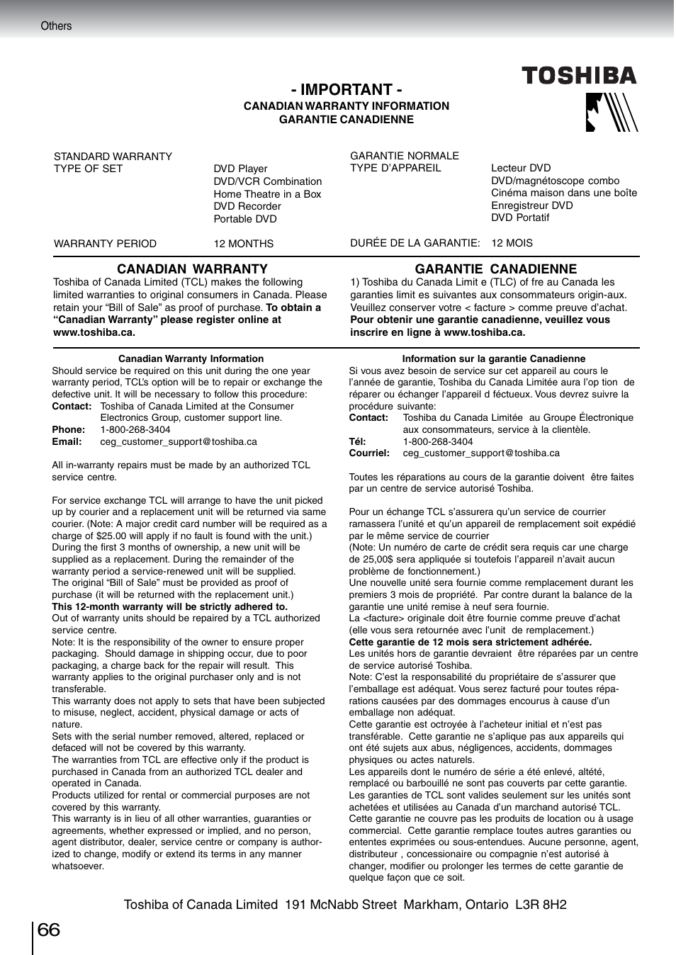 Important, Canadian warranty, Garantie canadienne | Toshiba SD-5970SU User Manual | Page 63 / 65