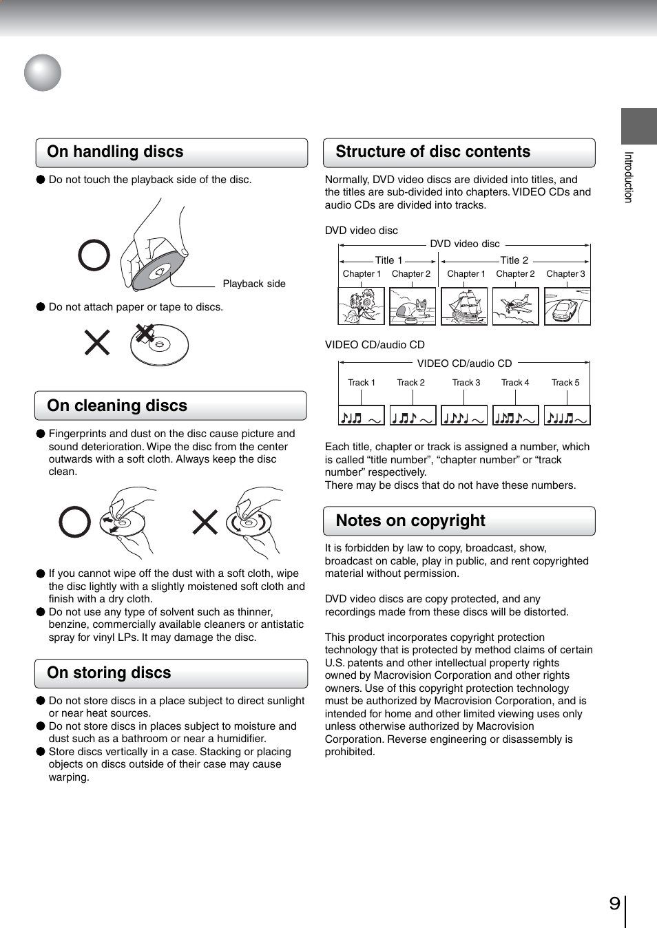 On handling discs, On cleaning discs, On storing discs | Structure of disc contents | Toshiba SD-5970SU User Manual | Page 9 / 65