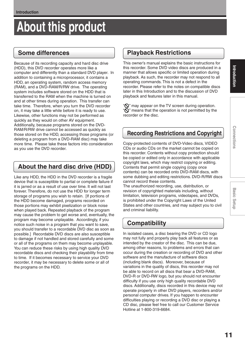 About this product, Some differences, About the hard disc drive (hdd) | Playback restrictions, Recording restrictions and copyright, Compatibility | Toshiba RD-XS34SC User Manual | Page 11 / 52