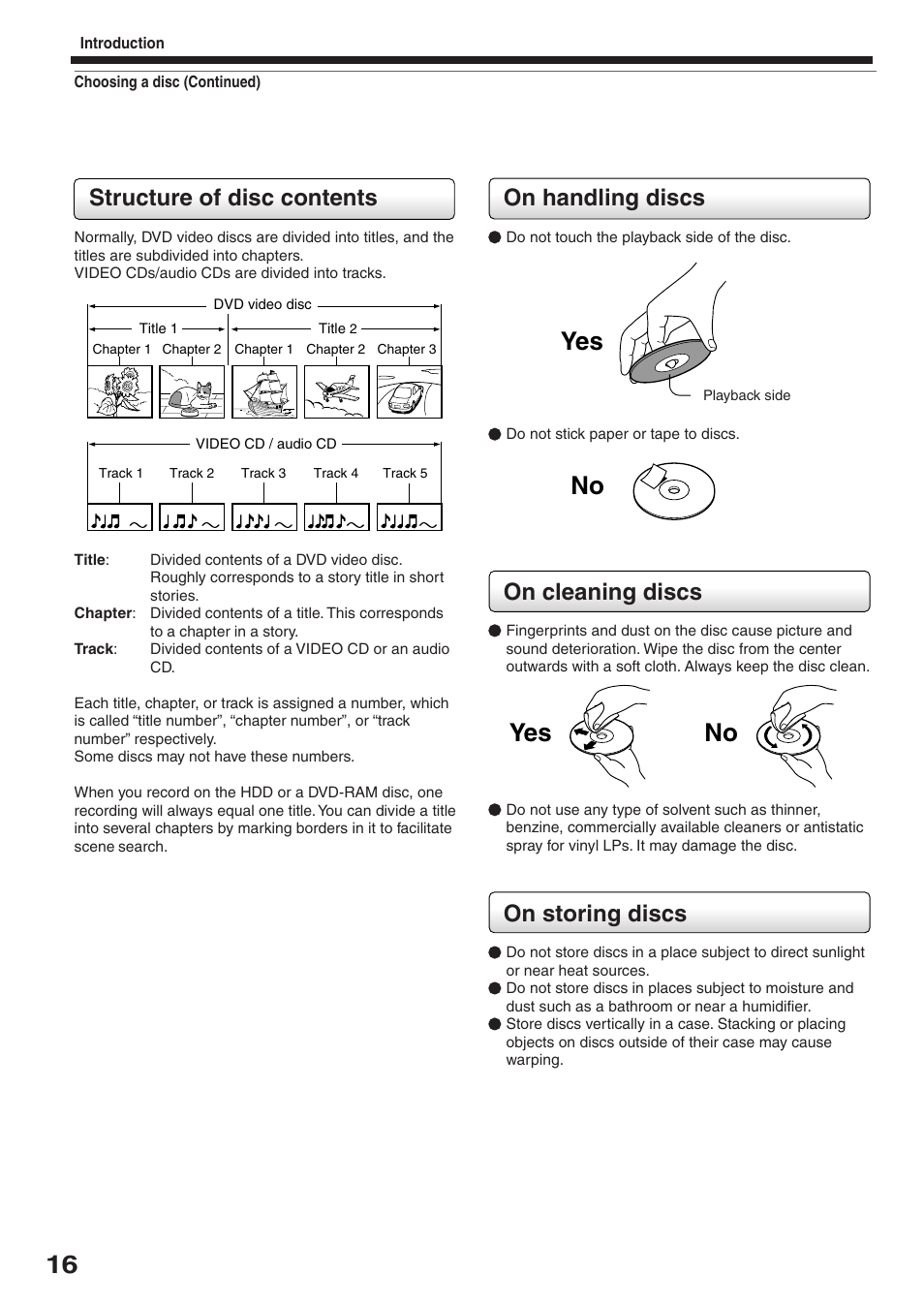 Yes no yes no, On handling discs, On cleaning discs | On storing discs, Structure of disc contents | Toshiba RD-XS34SC User Manual | Page 16 / 52