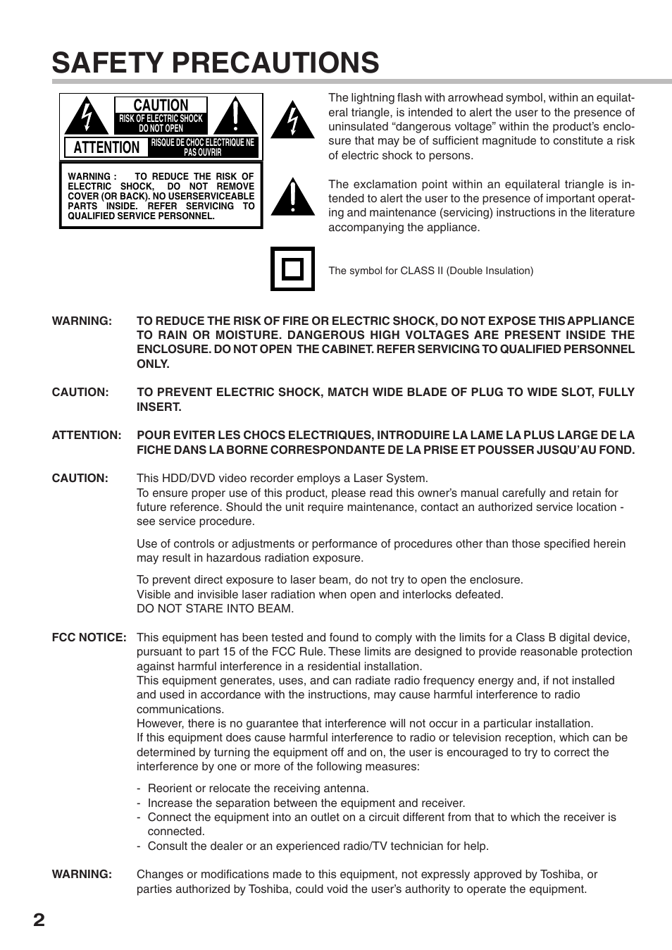 Safety precautions, Attention, Caution | Toshiba RD-XS34SC User Manual | Page 2 / 52