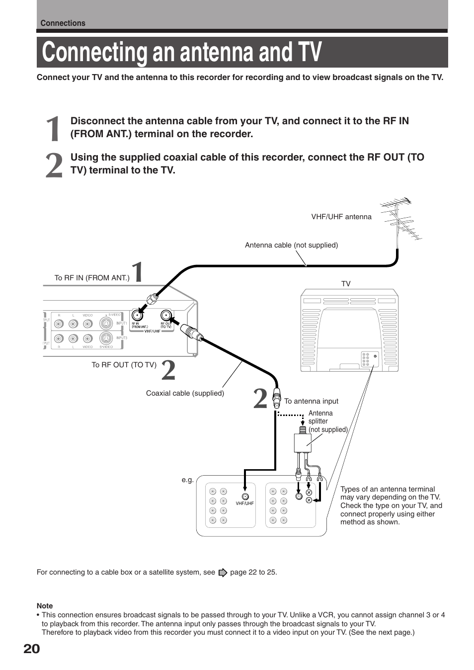 Connecting an antenna and tv | Toshiba RD-XS34SC User Manual | Page 20 / 52