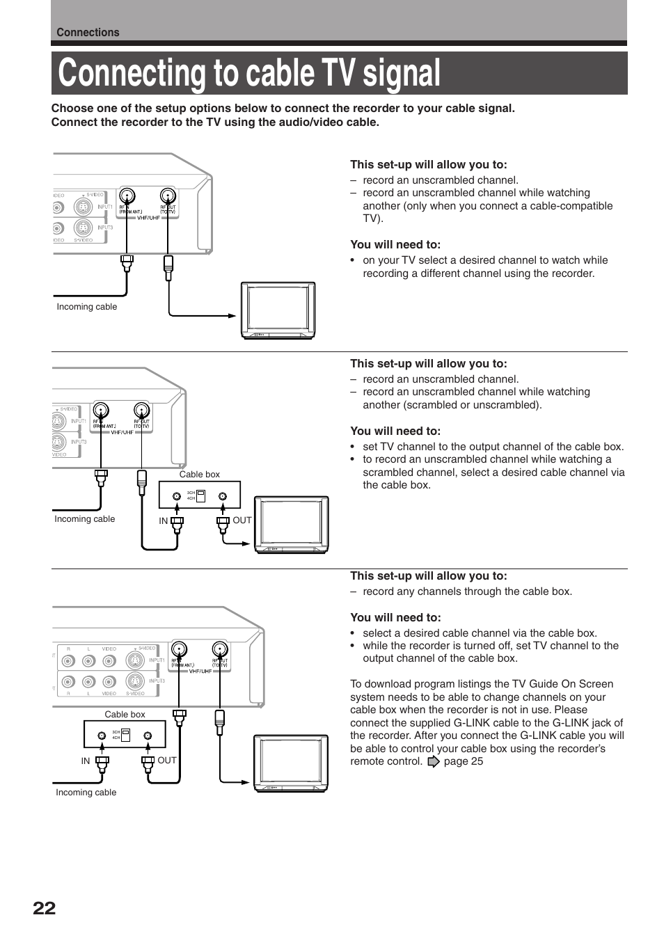 Connecting to cable tv signal | Toshiba RD-XS34SC User Manual | Page 22 / 52