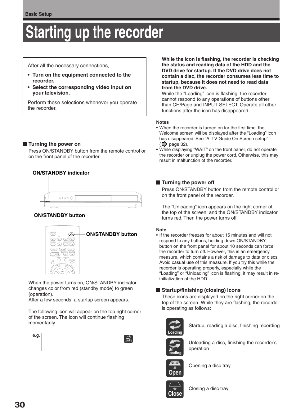 Starting up the recorder, Open, Close | Toshiba RD-XS34SC User Manual | Page 30 / 52