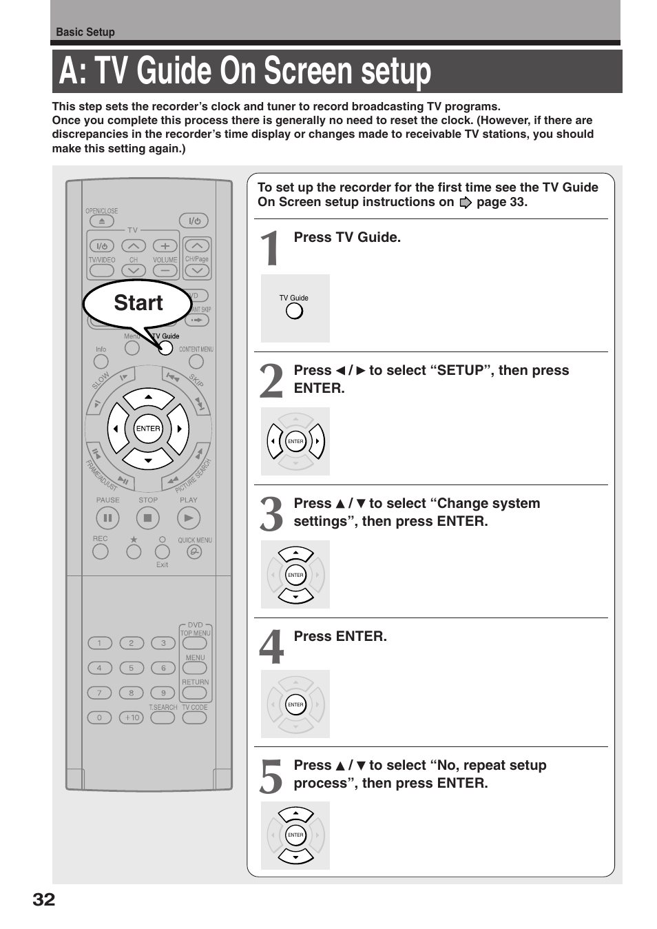 A: tv guide on screen setup | Toshiba RD-XS34SC User Manual | Page 32 / 52