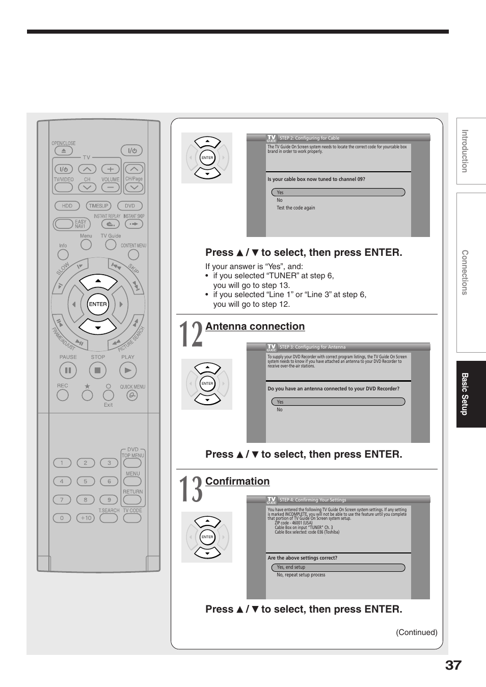 Press / to select, then press enter, Confirmation press / to select, then press enter | Toshiba RD-XS34SC User Manual | Page 37 / 52