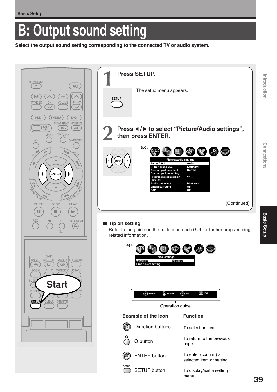 B: output sound setting, Start, Press setup | Toshiba RD-XS34SC User Manual | Page 39 / 52