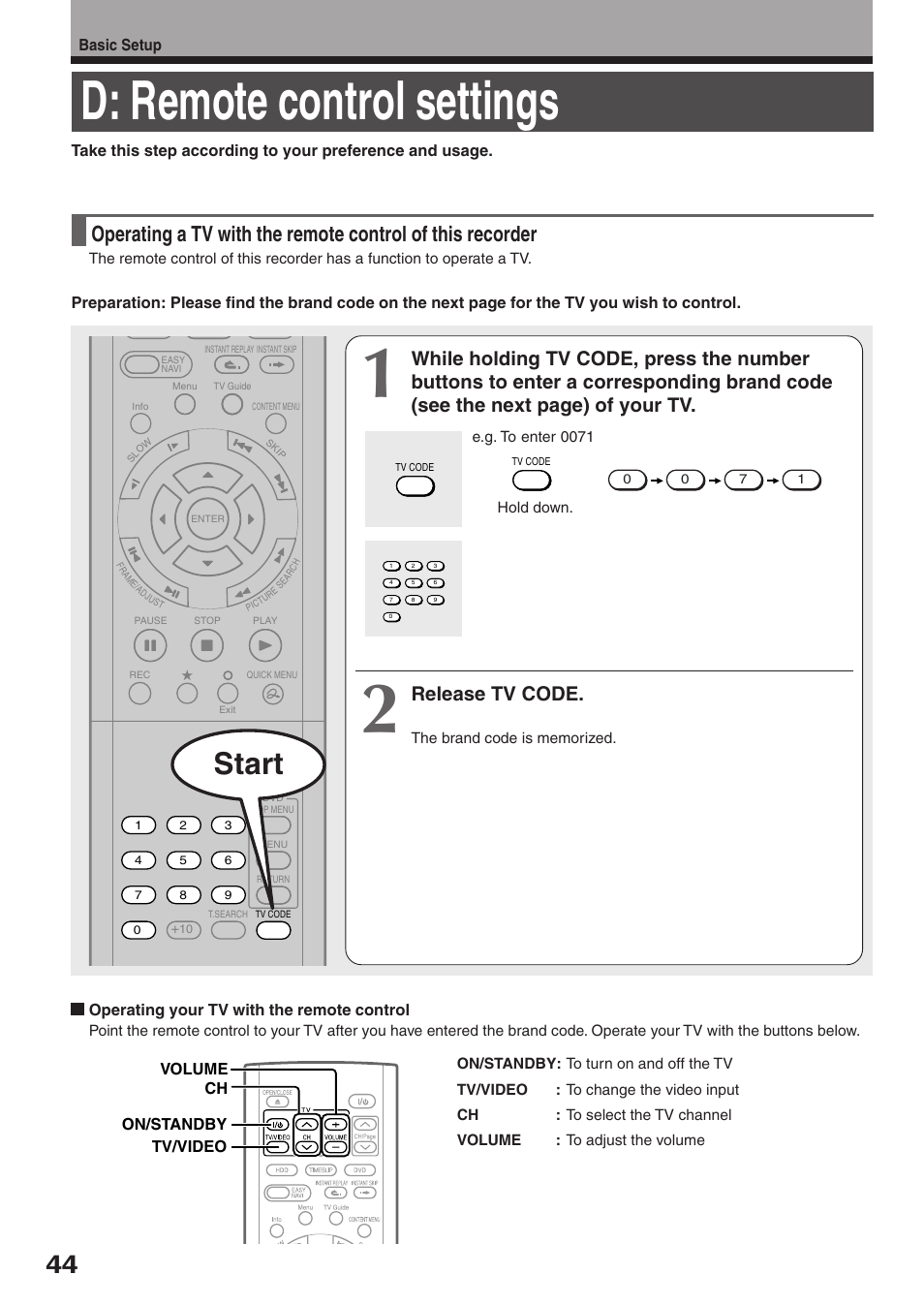 D: remote control settings, Start, Release tv code | Toshiba RD-XS34SC User Manual | Page 44 / 52