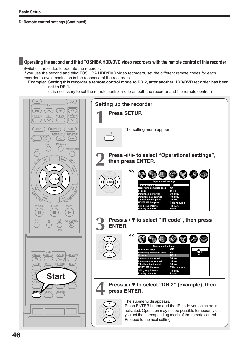 Start, Setting up the recorder, Press setup | Press / to select “ir code”, then press enter | Toshiba RD-XS34SC User Manual | Page 46 / 52