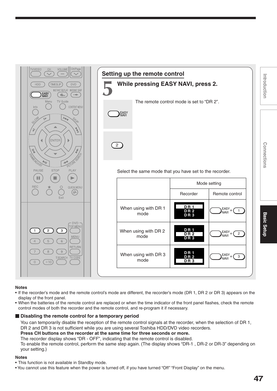 Setting up the remote control, While pressing easy navi, press 2 | Toshiba RD-XS34SC User Manual | Page 47 / 52