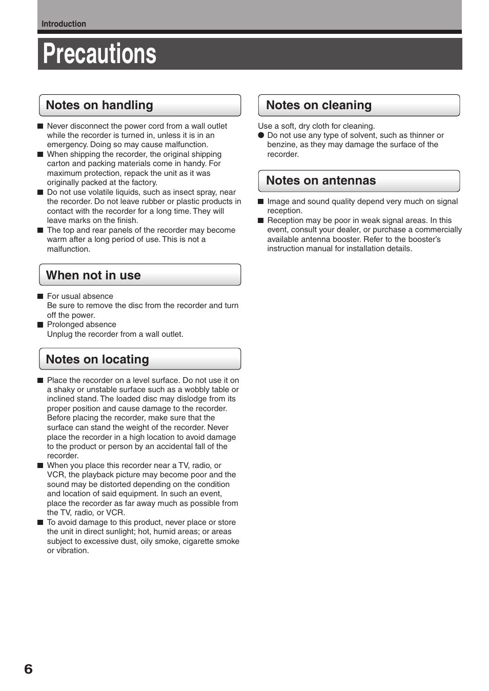 Precautions | Toshiba RD-XS34SC User Manual | Page 6 / 52