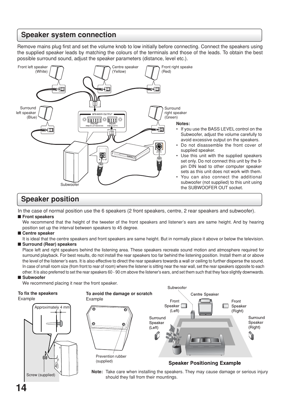 Speaker system connection, Speaker position | Toshiba SD-63HK User Manual | Page 14 / 40
