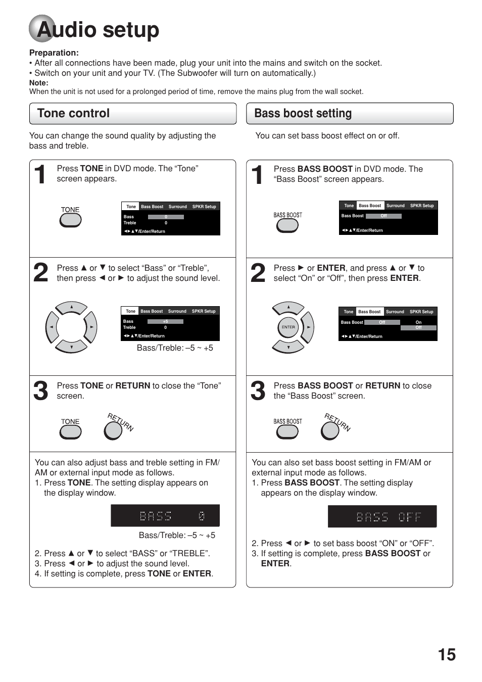 Audio setup, Tone control bass boost setting | Toshiba SD-63HK User Manual | Page 15 / 40