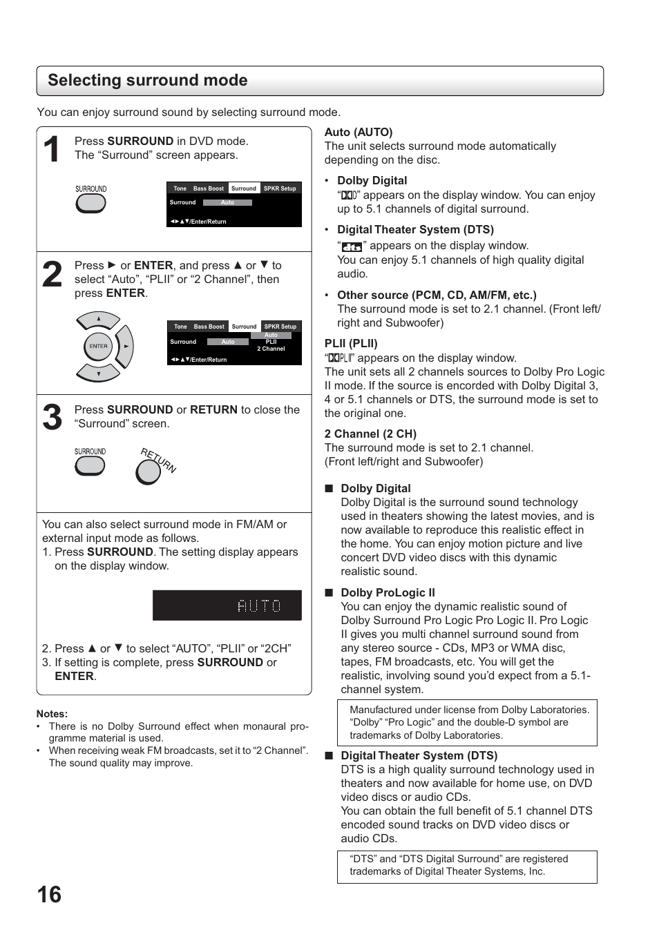 Selecting surround mode | Toshiba SD-63HK User Manual | Page 16 / 40