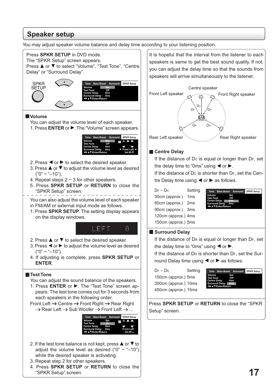 Speaker setup | Toshiba SD-63HK User Manual | Page 17 / 40