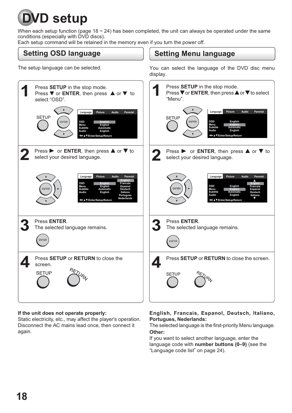 Dvd setup, Setting osd language, Setting menu language | Toshiba SD-63HK User Manual | Page 18 / 40